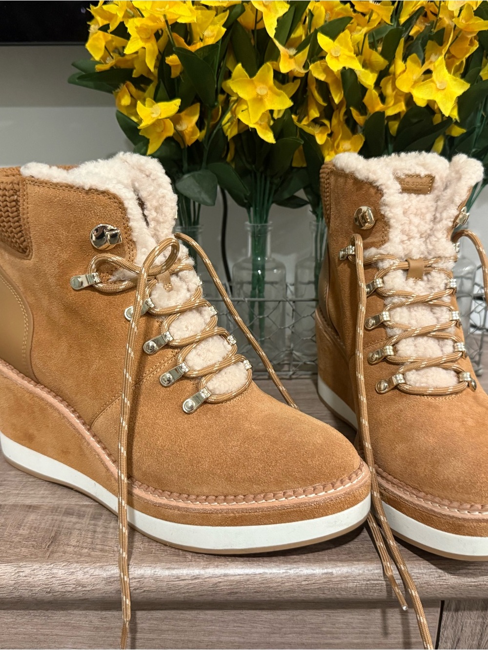 kate spade Chestnut Suede Shearling Wedge Ankle Boots